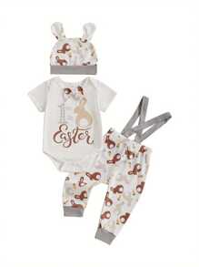 Baby Boys Easter Outfits Letter Rabbit/Carrot Print Short Sleeve Rompers Suspender Pants Hat 3Pcs Clothes Set