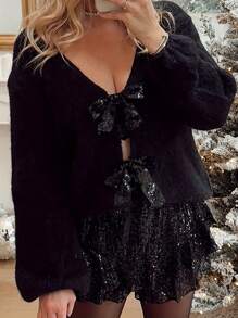 Women's Fall Tie Front Sweater Solid Color Long Sleeve V-Neck Loose Cropped Knitwear - Black - View 2