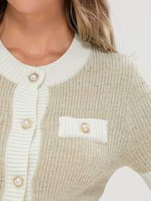 Women's Summer Knit Tops Contrast Color Pearl Button Short Sleeve Round Neck Sweater Cardigans - Khaki - View 4
