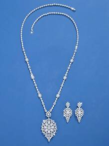 DV JEWELRY 3pcs Set Platinum Plated Zirconia Jewelry Set - Necklace & Earrings, Elegant For Women, Gift For Party, Anniversary