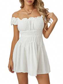 Women Flowy Pirate Dress Fairy Short Sleeve Y2k Off Shoulder Ruffle Corset Mini Dresses - trắng - Xem 3
