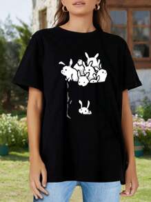 Bunnies Adorable Hand-Drawn Cartoon Rabbits In A Whimsical Blue Pocket - Charming Illustrations Of Cute Bunnies For Women's Women T-Women's Shirt - Black - View 2