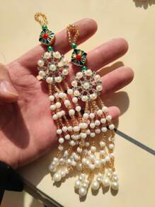 2pcs Handmade White & Gold Faux Pearl, Rhinestone, Tassel Decor Keychain, Phone Case, Purse Charm, Party Accessory, Home Decor, Gift For Friend, Birthday, Anniversary