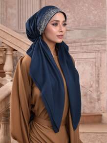 1 pieza/2 piezas Pañuelo musulmán de color liso con rhinestones para mujer, turbante de moda versátil adecuado para uso diario con vestido