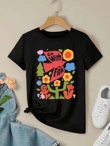 Go With The Flow A Playful Mid-Century Modern Nature-Inspired Design Featuring Colorful Retro Typography - bird bold colorful mid-century modern nature playful retro typography Vintage192 whimsical for women's women's t-women shirt - Negro - Ver 3