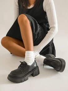 Women's British-Style Loafers, Lace-Up JK Versatile Flat Shoes, Thick Sole Commuter Oxfords,Mary Janes - Black - View 10