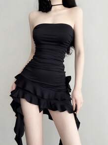 Sensual Star Falda corta con top de tubo de color sólido, cómoda, sin mangas, cintura delgada, irregular y sexy,Vestidos de fiesta - Negro - Ver 6