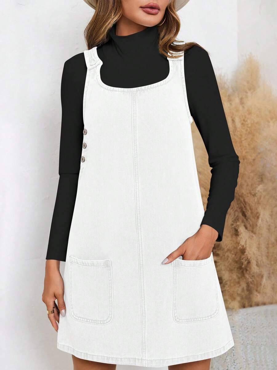 Classic Retro Women's Sleeveless Crewneck Denim Mini Overall Dress With Pockets - 白色 - 查看 1