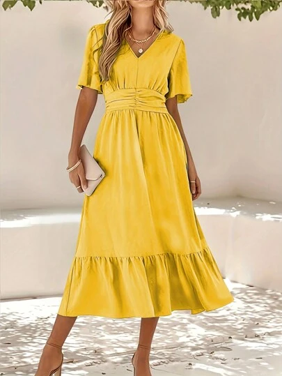 Vestido Largo para Mujer Elegante,  Vestido de Fiesta Plisado de Cintura Alta Vintage