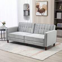 HOMCOM Modern 3 Seater Velvet Sofa Bed, Click Clack Sofa Bed, Button Tufted Sleeper Couch With Split Reclining Backrest And Rubber Wood Legs, Light Grey - Grey - View 1