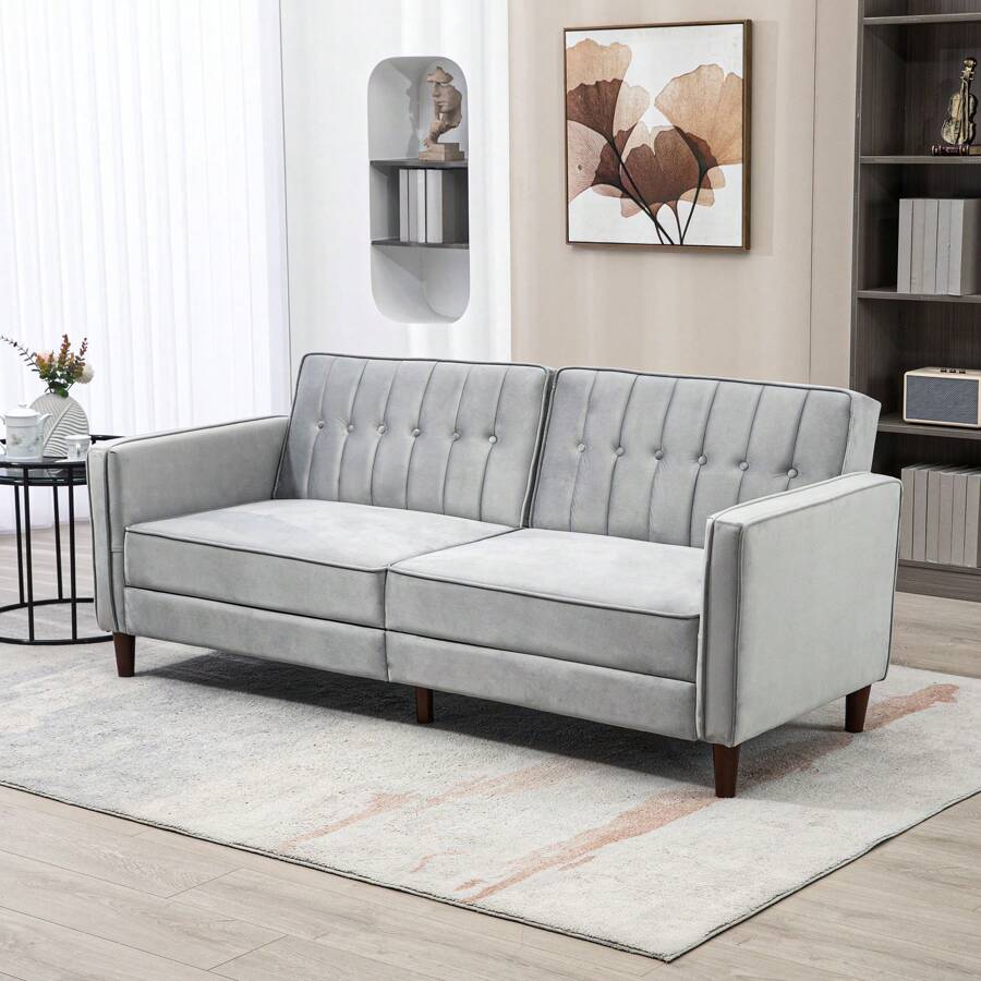 HOMCOM Modern 3 Seater Velvet Sofa Bed, Click Clack Sofa Bed, Button Tufted Sleeper Couch With Split Reclining Backrest And Rubber Wood Legs, Light Grey - Grey - View 1