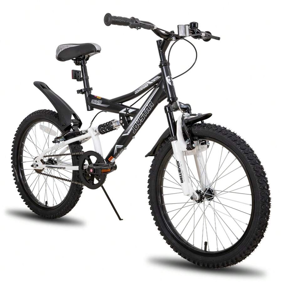 JOYSTAR Contender 20 Pollici Bicicletta da Montagna per Bambini a Sospensione Completa per Ragazzi e Ragazze dai 7 ai 13 anni, MTB Giovanile a Singola Velocità con Doppi Freni a V e Cavalletto (Nero, Blu, Verde e Rosa)