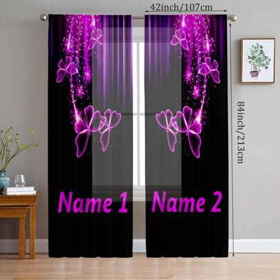 2pcs Personalized Blackout Curtains With Luminous Butterfly Ombre Design And Customized Name Print, Soft Polyester, Machine Washable, Suitable For All Seasons And Room Types, Holiday Theme Home Decor Gifts For Bedroom, Office, Living Room, Kitchen