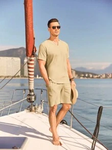 Men's Casual Solid Color Short Sleeve T-Shirt And Shorts Set - Beige - View 4