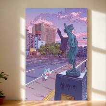 Framed Cat And Statue Canvas Painting,  Whimsical Wall Art,  Cityscape,  Purple Aesthetic,  Living Room DecorRoom, Living Room, Kitchen, A Festive Touch For Valentine's And New Yea Decor - Framed - View 1