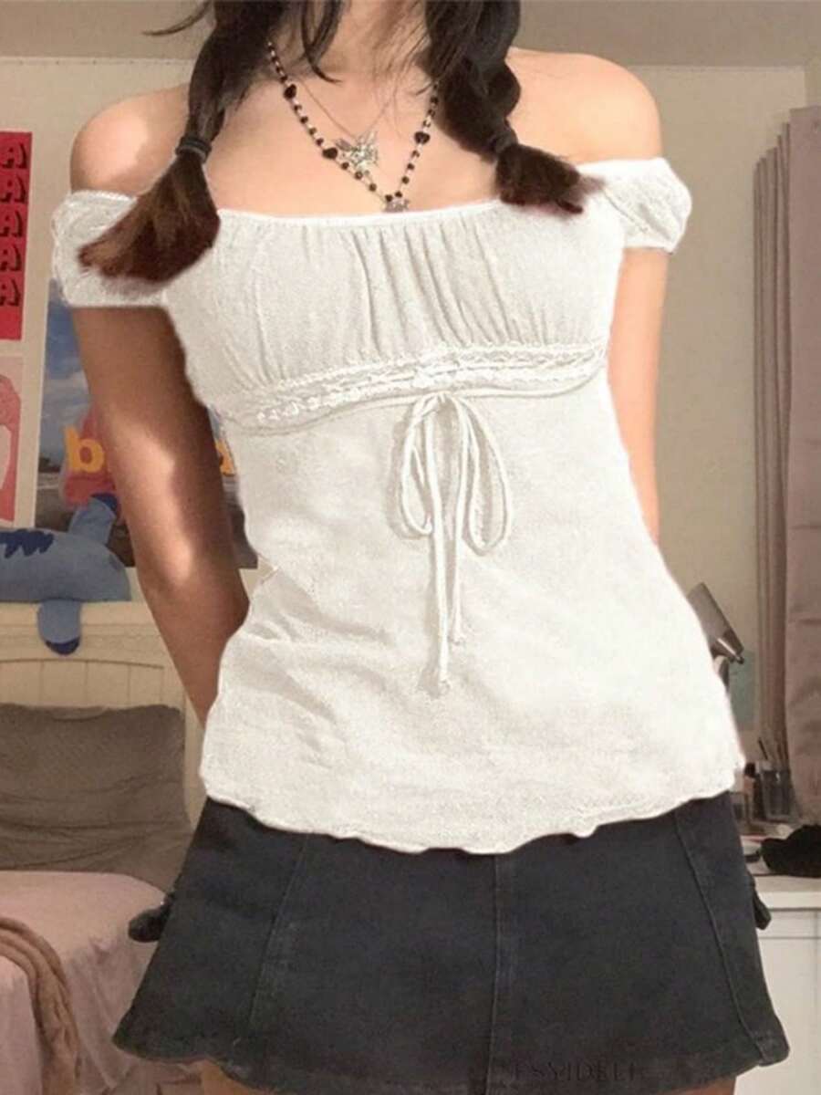 Women Y2k Fairy Grunge Tees Short Sleeve See Through Lace Up T-Shirt Vintage Crop Tops Aesthetic Clothes E-Girl Streetwear - 白色 - 查看 1