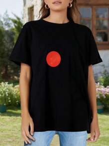 Enso Rabbit Minimalist Japanese Calligraphy With Brushstroke Circle Ink Red Sun Traditional Zen For Women's Women T-Women's Shirt - 黑色 - 查看 2