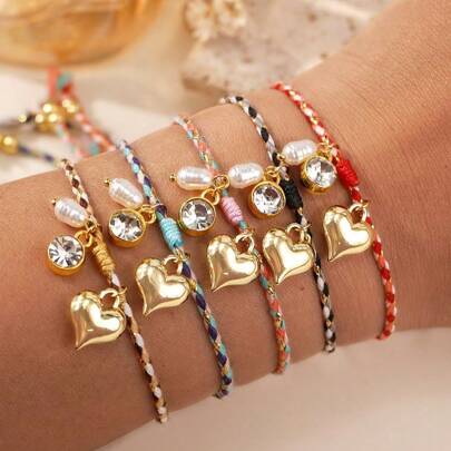 1PC Fashionable And Simple White Pearl Round Rhinestone Alloy Heart-Shaped Bracelet, Adjustable Rope, Suitable For Daily Commuting, Is A Gift For Friends, Stackable Bracelet, Friend Gift, Best Friend Bracelet, Birthday Gift, Family Gift, Valentine's Day Gift, Christmas Gift, Anniversary Gift