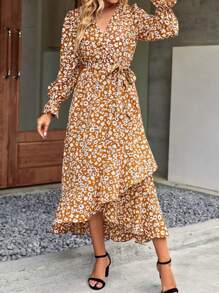 Women Spring Dress Floral V Neck Long Sleeve Belted High Waist Flowy Ruffle Wrap Long Maxi Dress Boho Bohemia Fall Beach Vacation Holiday Night Out Valentine Dress Outfits - Màu vàng - Xem 1