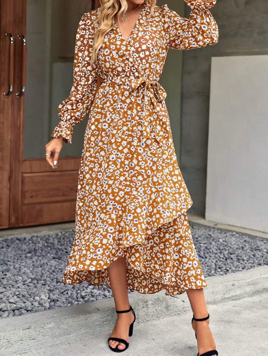 Women Spring Dress Floral V Neck Long Sleeve Belted High Waist Flowy Ruffle Wrap Long Maxi Dress Boho Bohemia Fall Beach Vacation Holiday Night Out Valentine Dress Outfits - Màu vàng - Xem 1