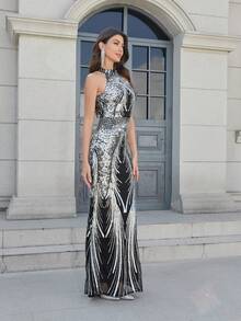 Elegant Wedding Sequined V-Neck Mermaid Hem Formal Gown, Party Dress, Wedding Guest Dress, Prom Dress - Silver - View 5
