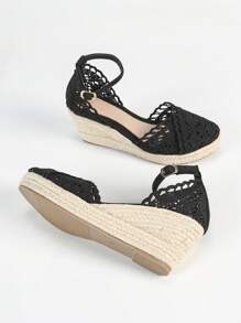 女士麻绳坡跟蕾丝镂空休闲包头圆头镂空厚底高跟草编凉鞋，百搭渔夫凉鞋 - 黑色 - 查看 5