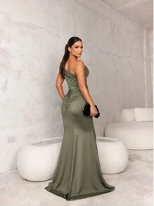 Long Dress Party Bridesmaid Prom Mermaid Sheath Tight Zero Sleeve Elegant Event - 橄欖綠 - 查看 3