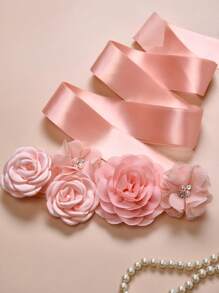 1 buc centură cu flori 3D în talie, evantaie rochie de mireasă, petrecere domnișoare de onoare, centură florală din satin de maternitate, accesoriu pentru costum fotografic