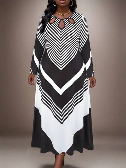 几何印花长裙女式休闲秋季春季镂空长袖连衣裙加大码