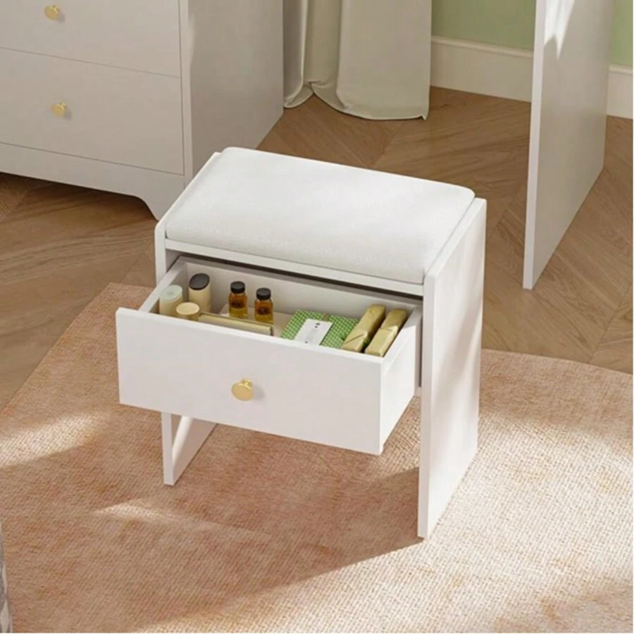 Dressing Table Stool, Makeup Vanity Stool With Storage Drawer, Padded Bench Footrest Ottoman, White Wooden Stool For Dressing Table, Living Room, Hallway