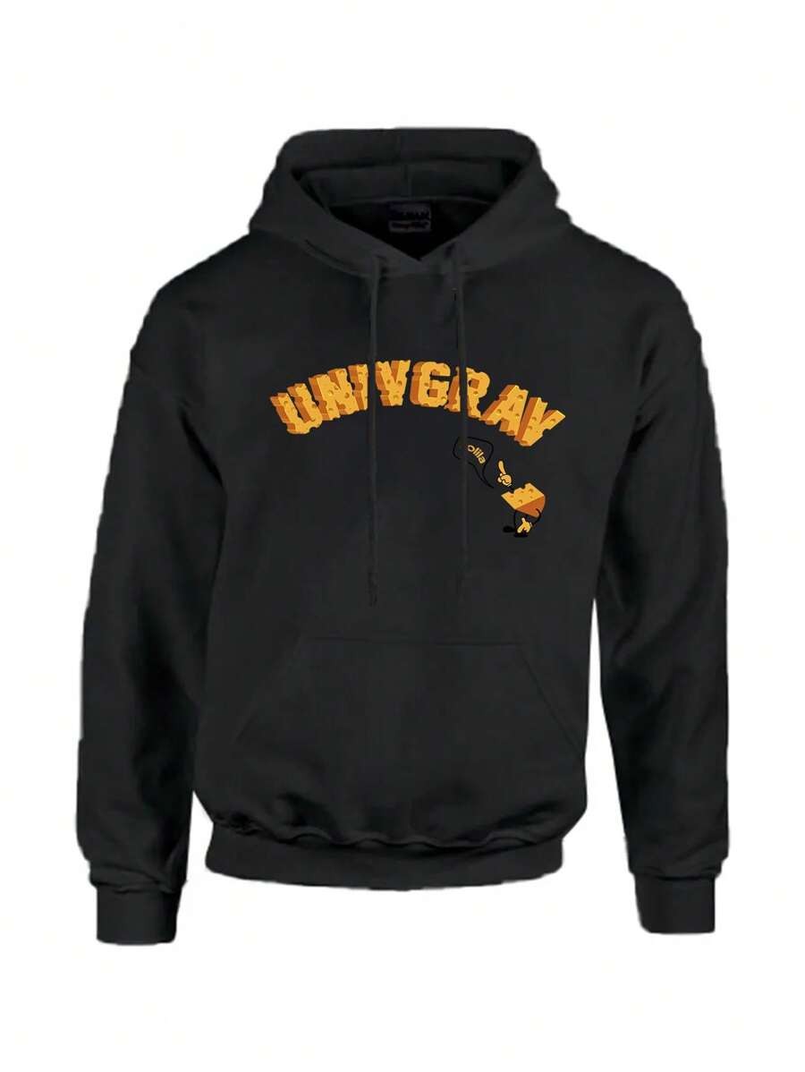 UNIVGRAV Cheese Print, Fashionable Cotton Hooded Sweatshirt, Street Style Sweatshirt, Crew Neck Sweatshirt, Super Soft And Breathable, Four Seasons Casual Hooded Sweatshirt, Suitable For Daily Wear, Casual Outing - 黑色 - 查看 1