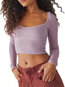 Women Solid Color Crop Tops U-Neck Long Sleeve T-Shirts Spring Fall Slim Fit Shirts Streetwear - 紫色 - 查看 2