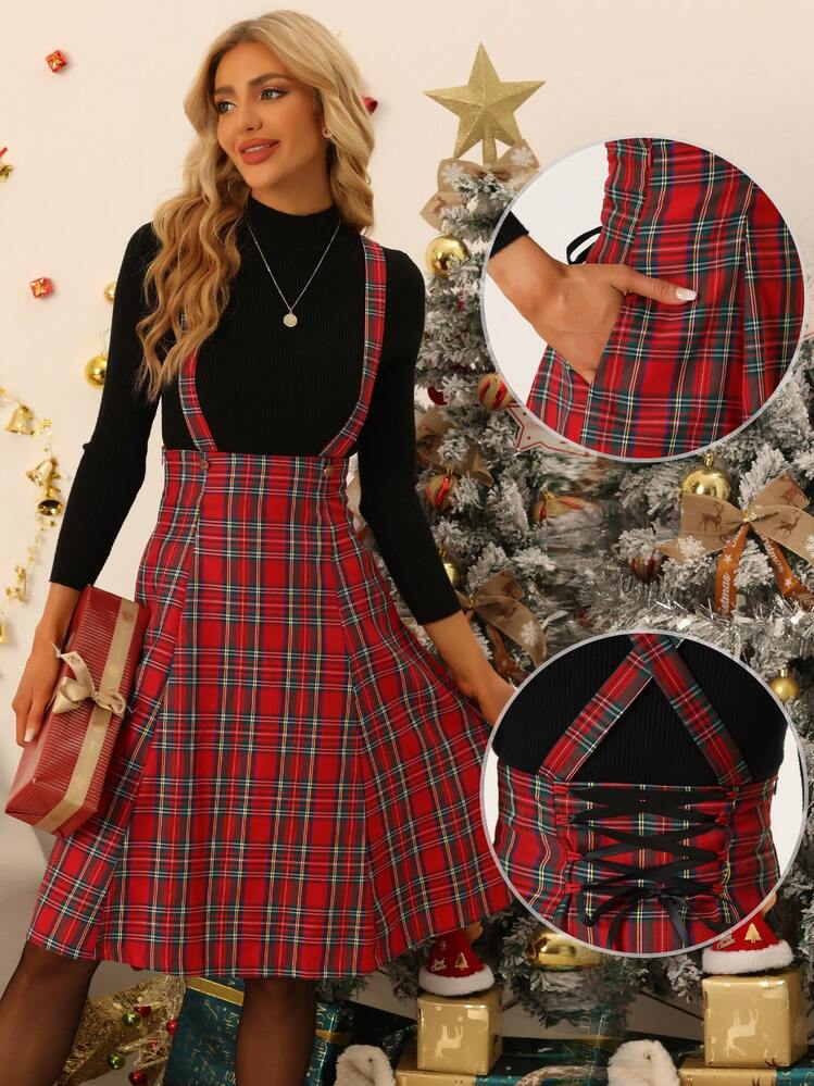 Women's Tartan Plaid Pinafore Suspender Skirt Overall Dress - 紅色 - 查看 2