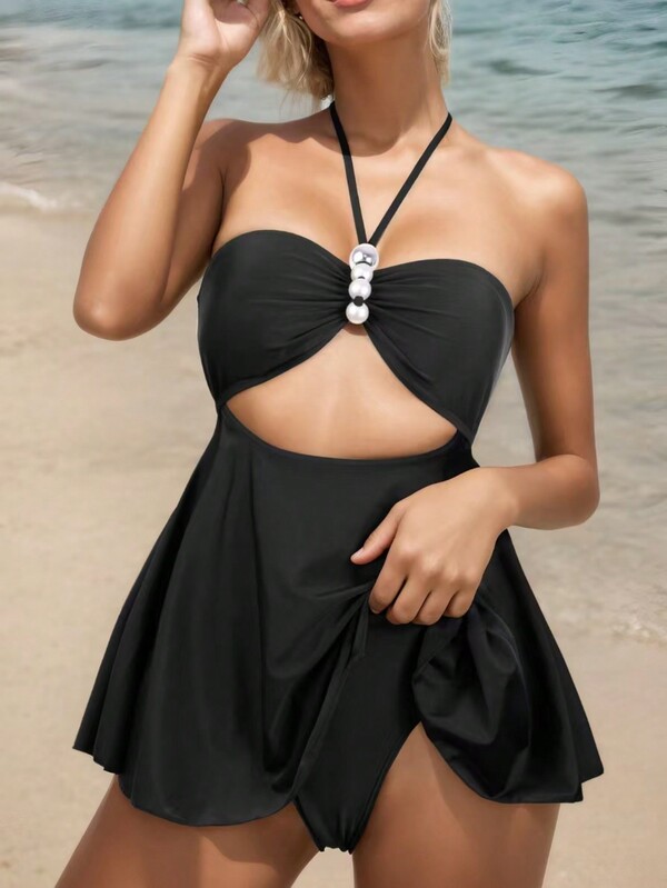 Nowy Jednokolorowy Zestaw Bikini, Stylowy Balerinkowy Dekor Sztucznych Pereł Dekoracyjnych Strojów Kąpielowych Do Fotografii Plażowej Latem