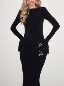 Boat Neck Long Sleeve Bodycon Spring Dress, Valentine Gifts, Party Dress, Wedding Guest Dress - Black - View 5