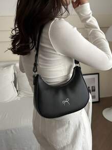 蝴蝶结装饰简约时尚女士腋下单肩包，休闲通勤日常使用，派对礼物 - 黑色 - 查看 5