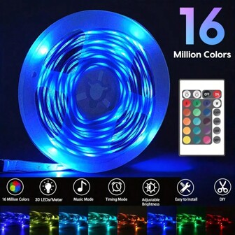5V 3535RGB LED 灯带套装，15 个 LED/米，蓝牙和遥控器多种照明模式，语音激活音乐同步可调光，适用于卧室、客厅、派对、节日装饰