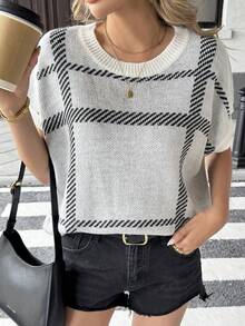 Knit Mix Loose Casual Women Pullover Sweater, Plaid Pattern Round Neck Oversized Knitted Top, Commuting Style (Random Stripes) - White - View 3