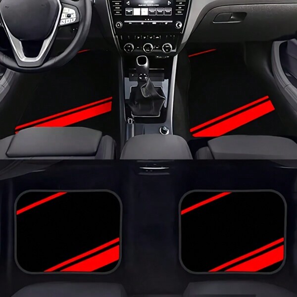 4 pièces/set Tapis de sol pour voiture, design à rayures rouges et bleues, absorbant, antidérapant, lavable, convenant à toutes les saisons, universel pour voitures et SUV - un cadeau idéal pour les hommes et les femmes, en polyester