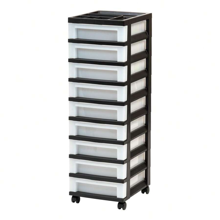 9-Drawer Narrow Plastic Storage Drawer Cart With Organizer Top, White - Black - View 1