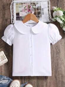 Camicia bianca con maniche a sbuffo e bottoni, stile universitario, adatta per ragazza, primavera/estate