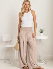 hoteel Women's High Waist Gathered Solid Color Casual Beach Wide Leg Pants Dance Pilates Yoga Pants - 米色 - 查看 7