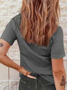 Crew Neck T-Shirt - Fashionable Womens Print T-Shirt - Casual Polyester Short Sleeve Crew Neck Top - Lightweight & Breathable For Spring & Summer Wardrobe, 1 Piece, 180gsm - 深灰色 - 查看 2