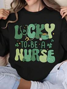 Women's Fashion Hoodie Sweatshirt With Lucky To Be A Nurse St Patrick's Day Print Design, Casual Long Sleeves, Regular Fit, Hooded Pullover For Spring/Fall Season