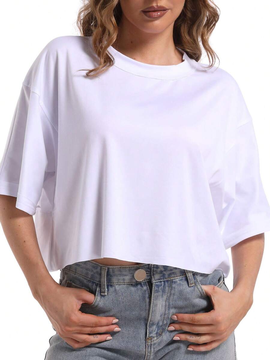 QGEMANWU Women's Comfy Basic Workout Gym Short Sleeve Crop Tops Loose Casual Oversized T-Shirts