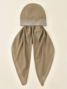 1 pieza/2 piezas Pañuelo musulmán de color liso con rhinestones para mujer, turbante de moda versátil adecuado para uso diario con vestido