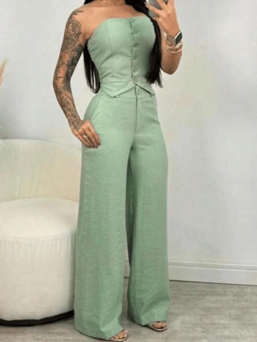 Women's Elegant Strapless Set Plus Formal Tailored Wide Leg Pants - Mint Green - View 1