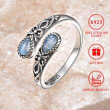 S925 Sterling Silver Moonstone Spoon Ring, Hypoallergenic Nickel-Free, Victorian Vintage Style, Adjustable Butterfly Thumb Jewelry, Bohemian Holiday Theme, Synthetic Stone,, Gift Box Included, Women'S Fashion Accessory For Daily Wear
