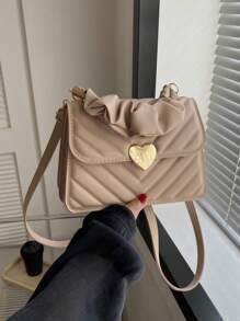 女士时尚纯色压花方形手提包，适合日常使用 - 卡其色 - 查看 8