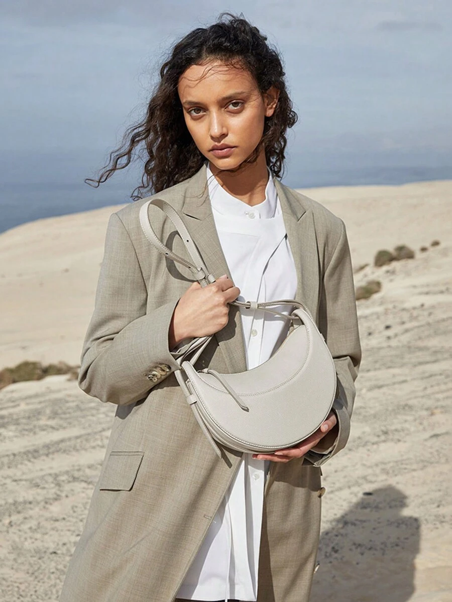 Niche Design Poleno Crescent Bag New Genuine Leather High-End Underarm Bag Single Shoulder Crossbody Saddle Bag Ladies Crescent Bag, PU Leather Crescent Bag, Single Shoulder Crossbody Bag Wallet Handbag Casual Dumpling Bag - trắng - Xem 1